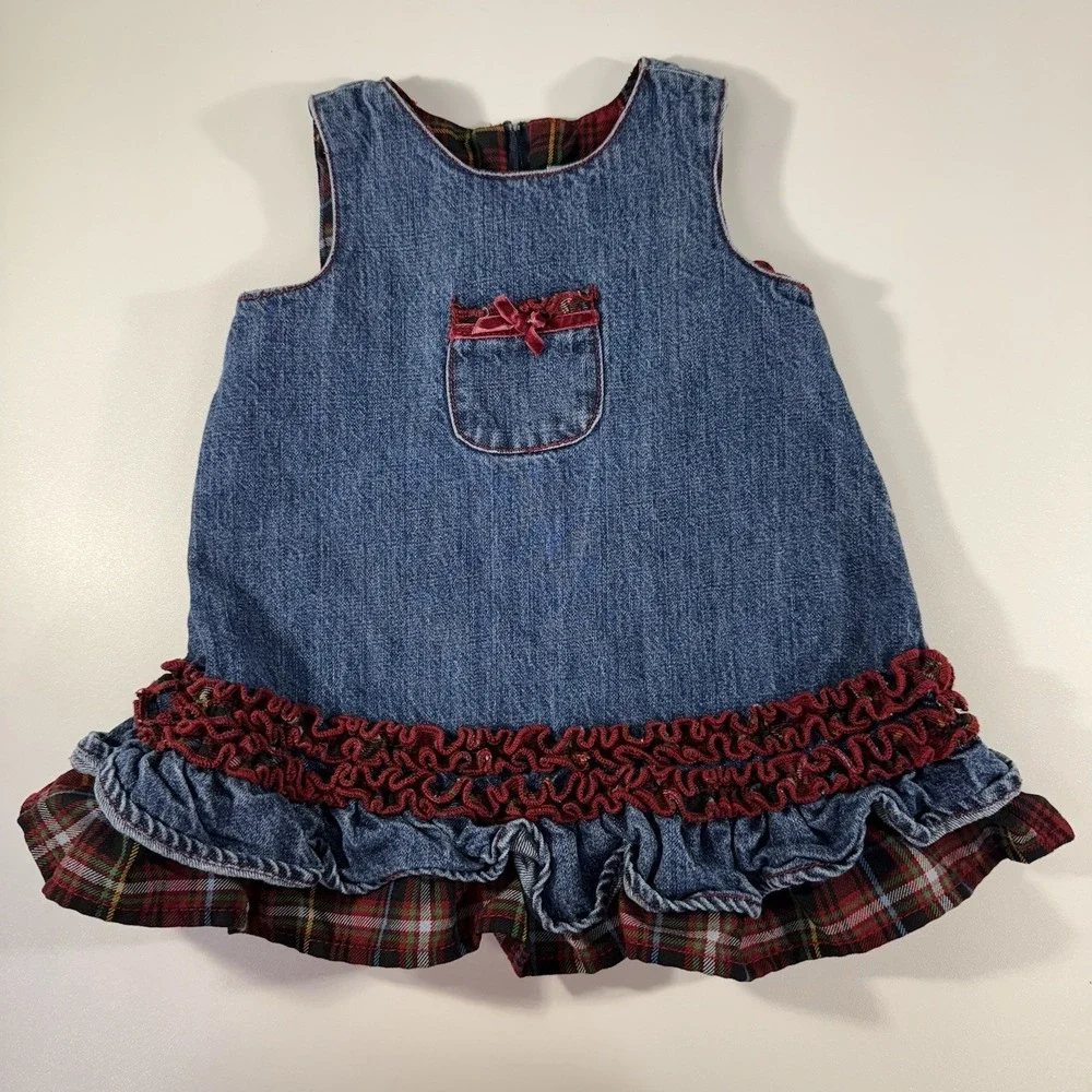 The Children's Place 3-6 Month Denim‎ Jumper Red Plaid Ruffles Fall Christmas